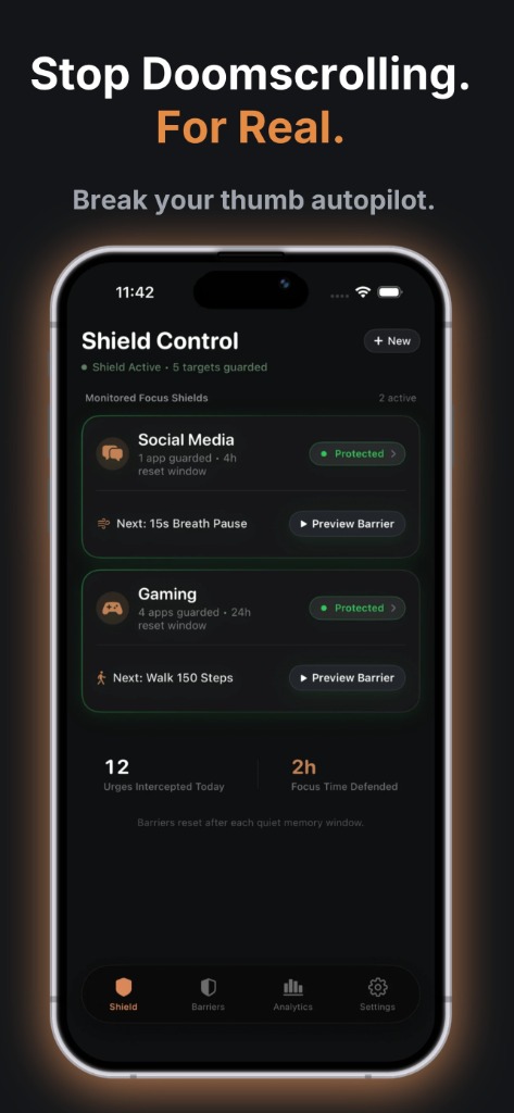 DTox Shield Control Dashboard screen showing active focus shields and intercepted urges telemetry